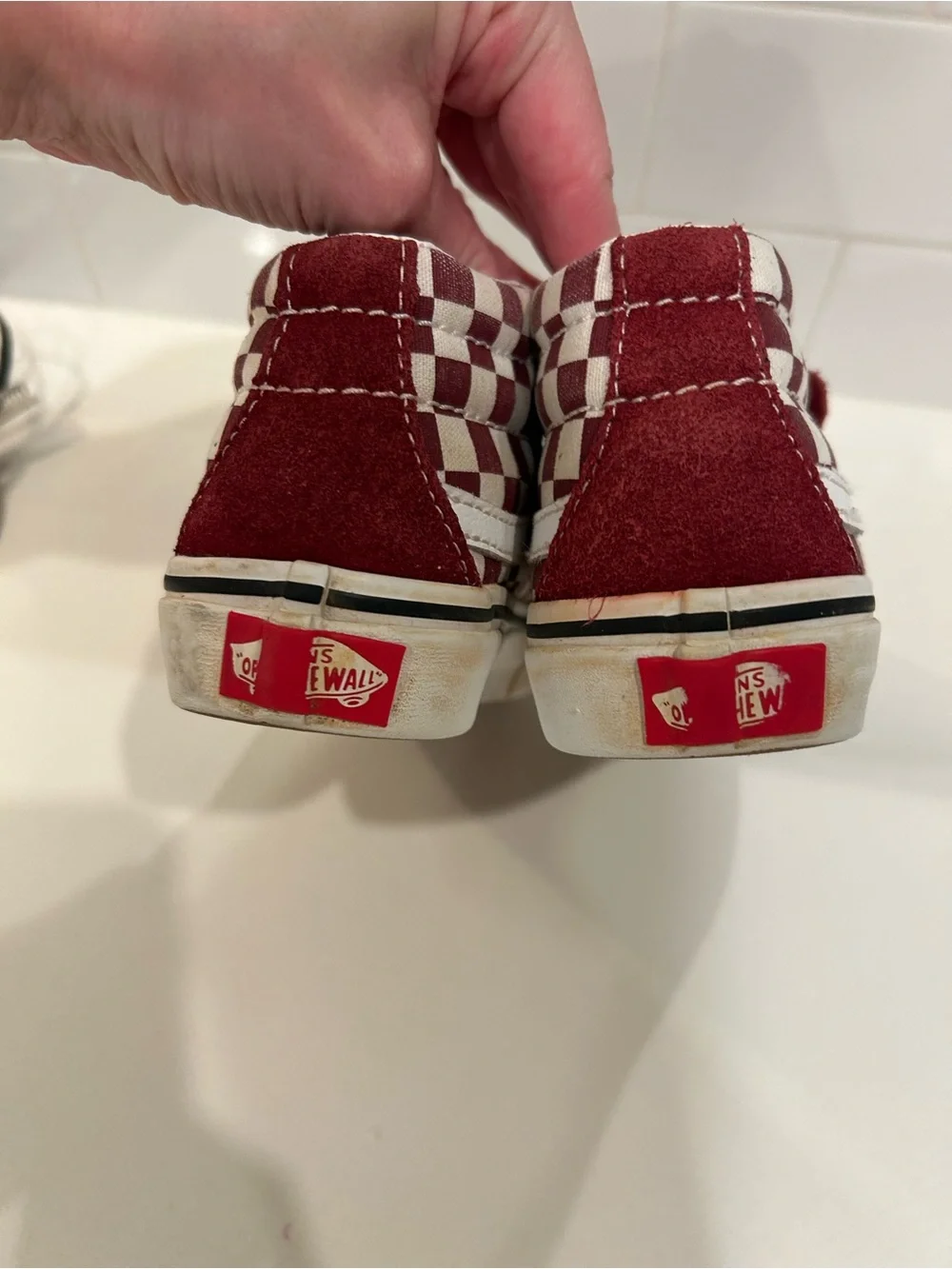 Preloved Vans Red/Maroon Checkerboard Mid Sk8 Kids Shoes Size 13!